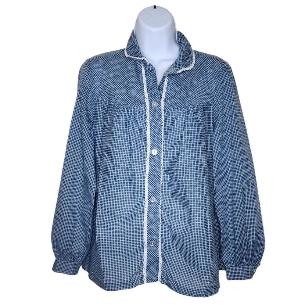 Vintage 80s Western Blouse Button Up Shirt Womens Size M Blue Check